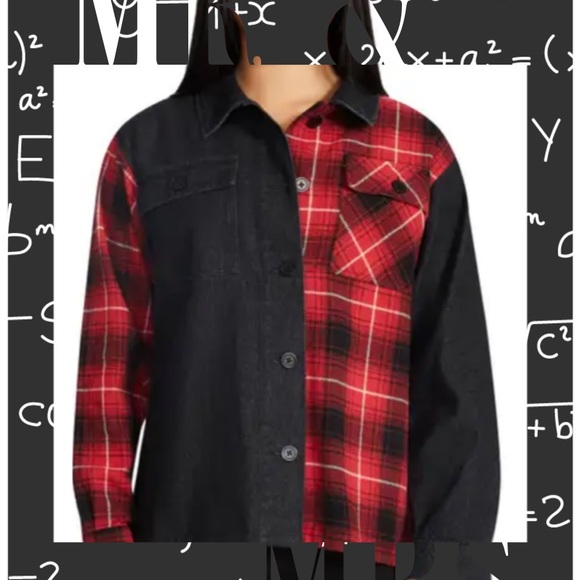 STEVE MADDEN GRUNGE RED & BLACK BUTTON DOWN SHIRT/JACKET DENIM/FLANNEL MIX PLAI… - Picture 3 of 11